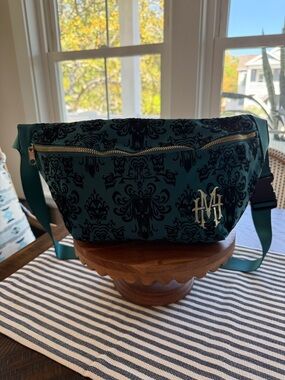 Disney Haunted Mansion Monogrammed Green Velvet-Print Waist/Sling Bag